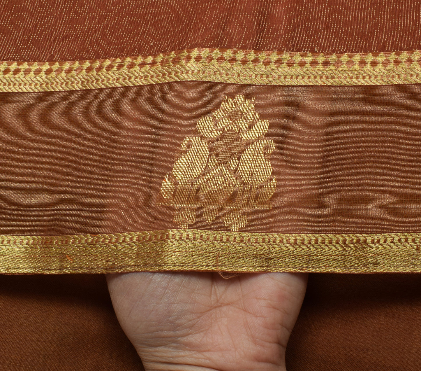 Sushila Vintage Indian Brown Sari Pure Silk Woven Floral Sari Craft Sheer Fabric