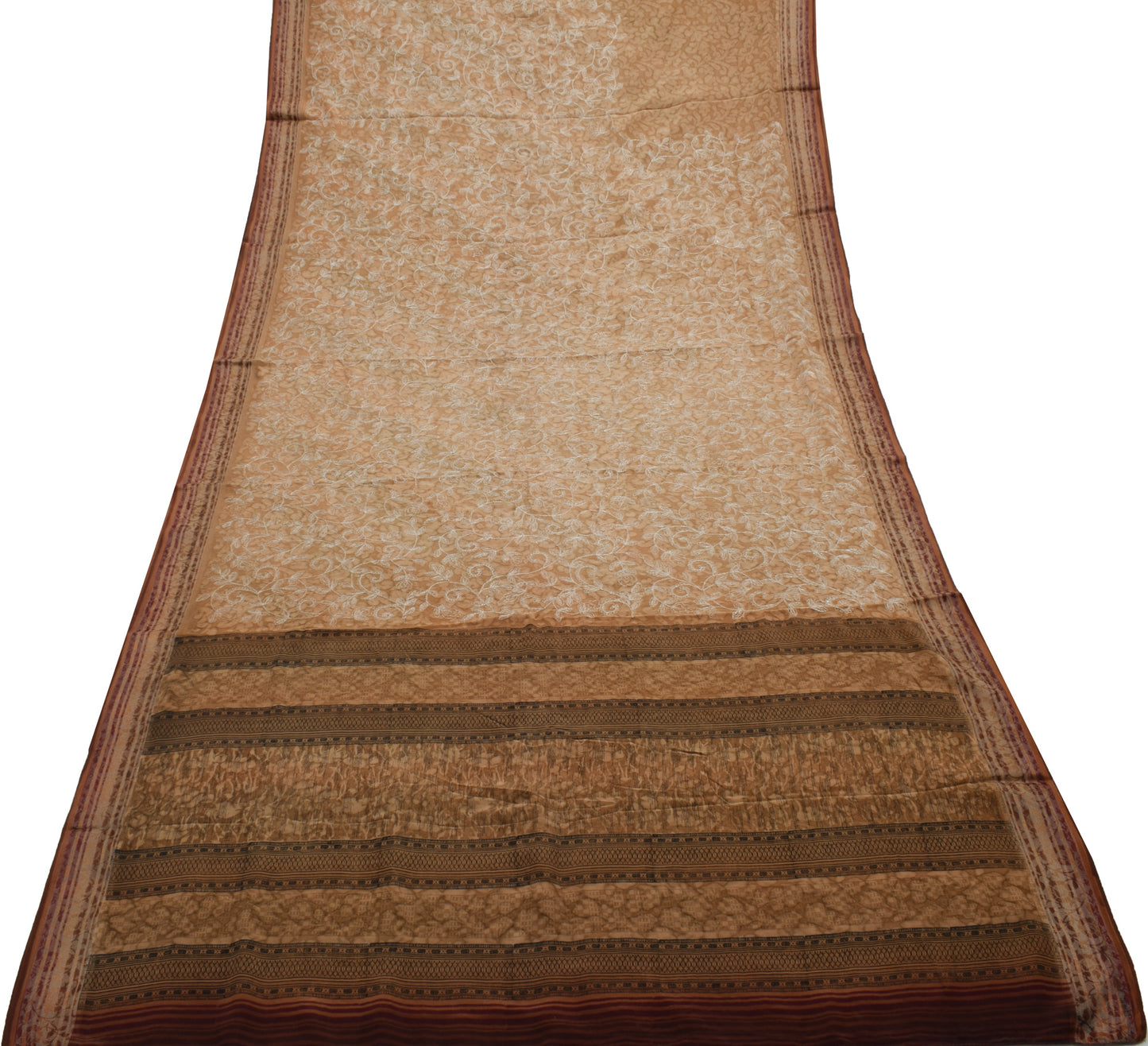 Sushila Vintage Brown Saree Pure Crepe Silk  Embroidered Floral Sari Fabric
