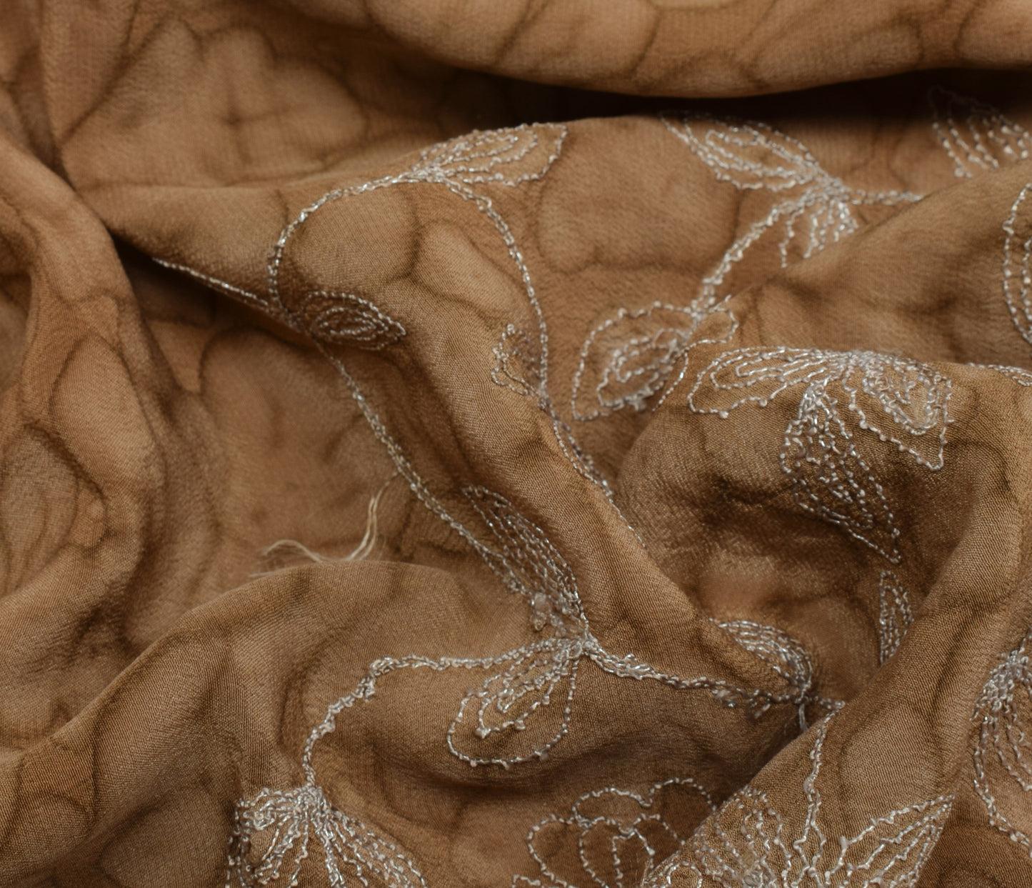 Sushila Vintage Brown Saree Pure Crepe Silk  Embroidered Floral Sari Fabric