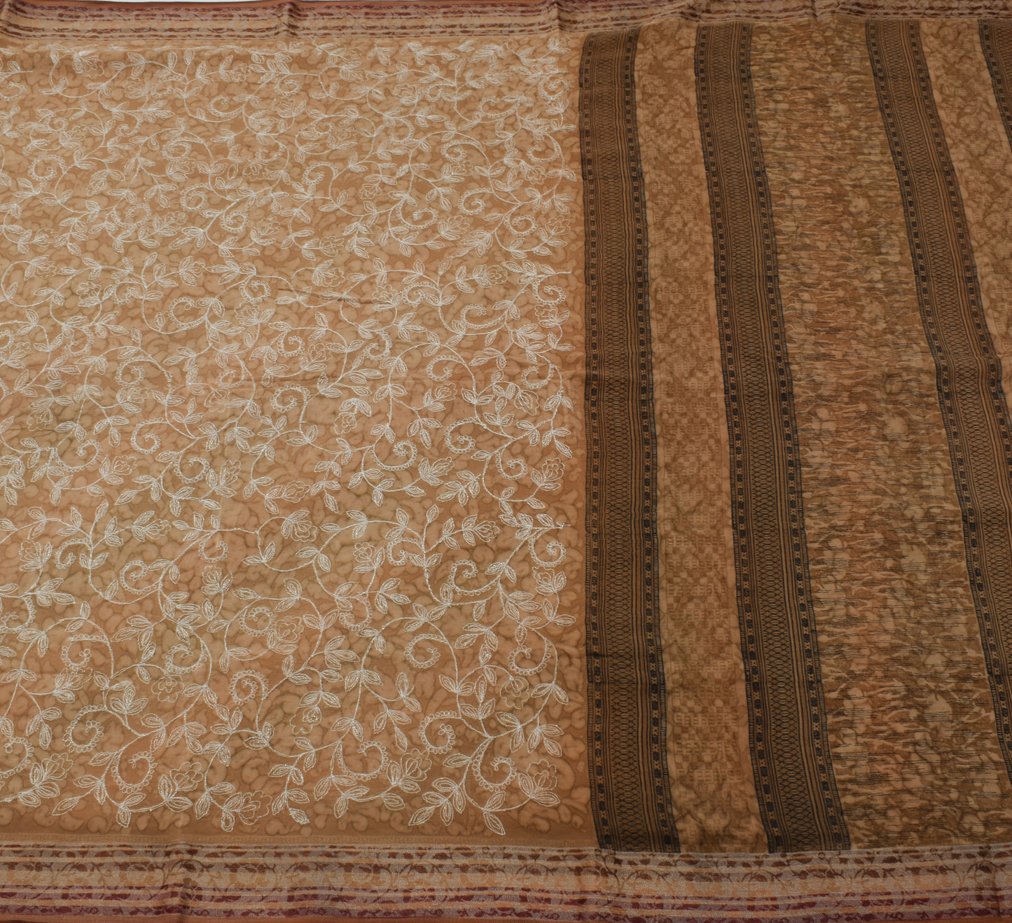Sushila Vintage Brown Saree Pure Crepe Silk  Embroidered Floral Sari Fabric