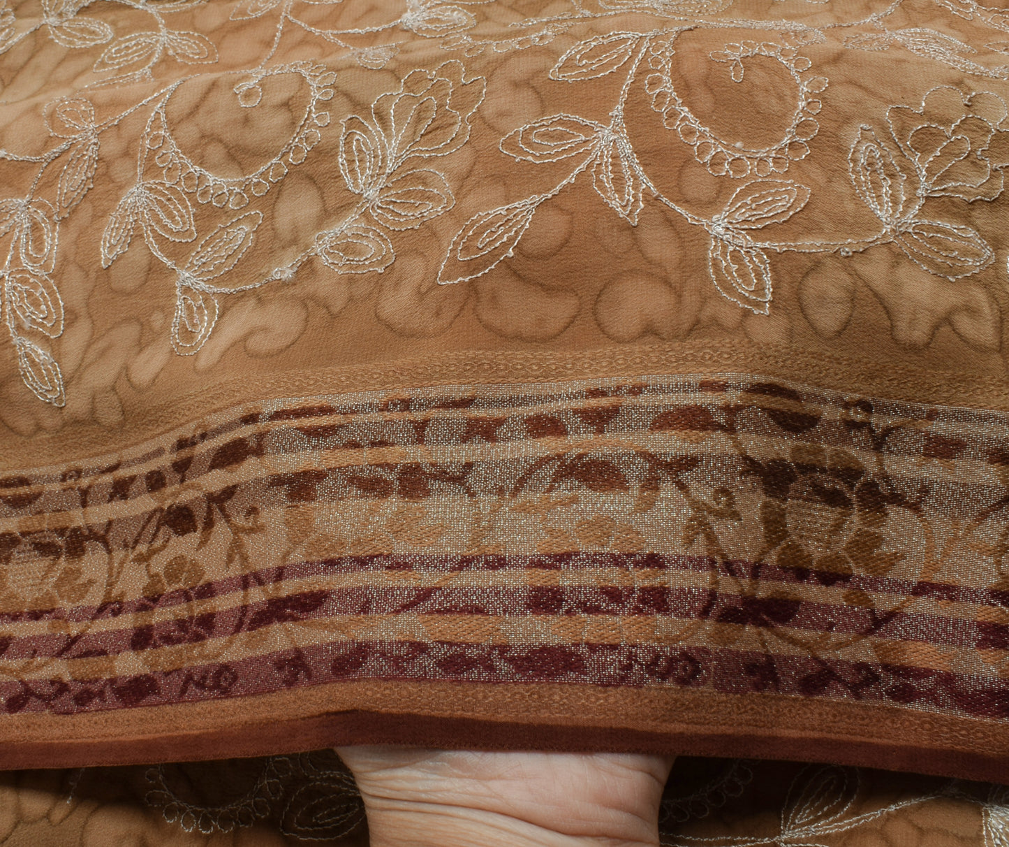 Sushila Vintage Brown Saree Pure Crepe Silk  Embroidered Floral Sari Fabric