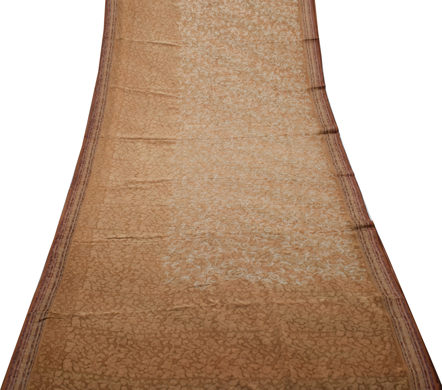 Sushila Vintage Brown Saree Pure Crepe Silk  Embroidered Floral Sari Fabric