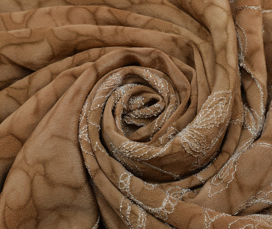 Sushila Vintage Brown Saree Pure Crepe Silk  Embroidered Floral Sari Fabric