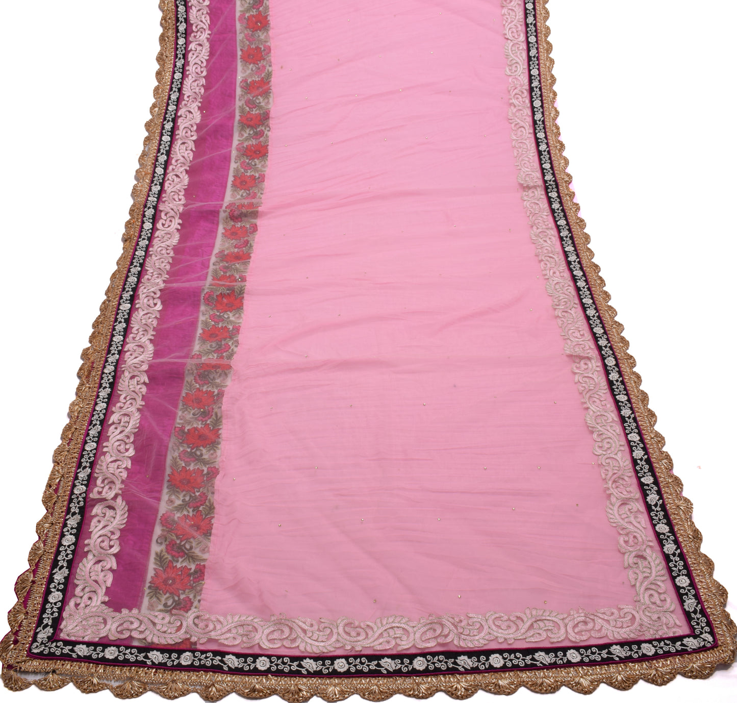 Sushila Vintage Pink Saree Art Georgette Silk & Net Mesh HEAVY Patch Work Sari Fabric