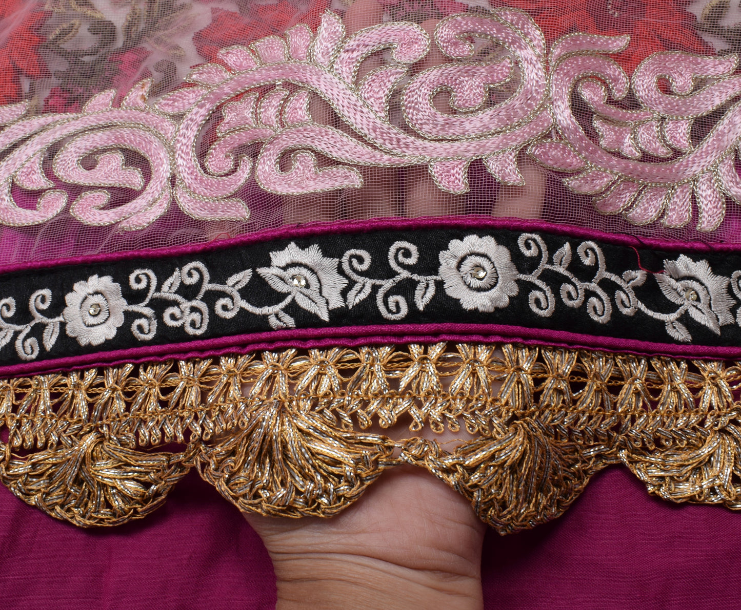 Sushila Vintage Pink Saree Art Georgette Silk & Net Mesh HEAVY Patch Work Sari Fabric