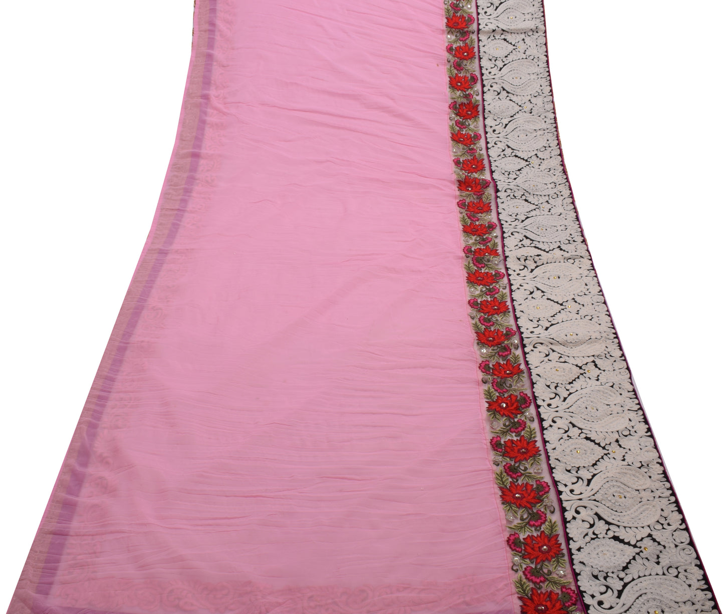 Sushila Vintage Pink Saree Art Georgette Silk & Net Mesh HEAVY Patch Work Sari Fabric
