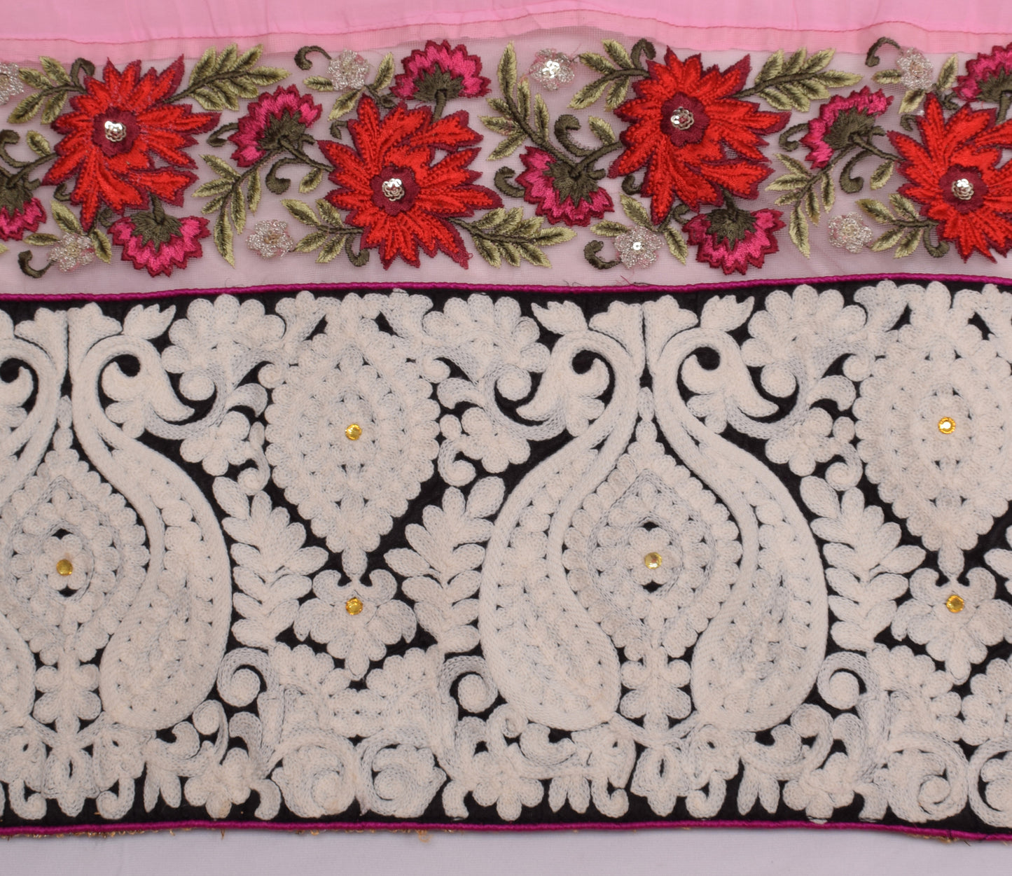 Sushila Vintage Pink Saree Art Georgette Silk & Net Mesh HEAVY Patch Work Sari Fabric