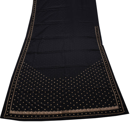 Sushila Vintage Black Saree Blend Crepe Silk Hand Beaded Zardozi Sari Fabric