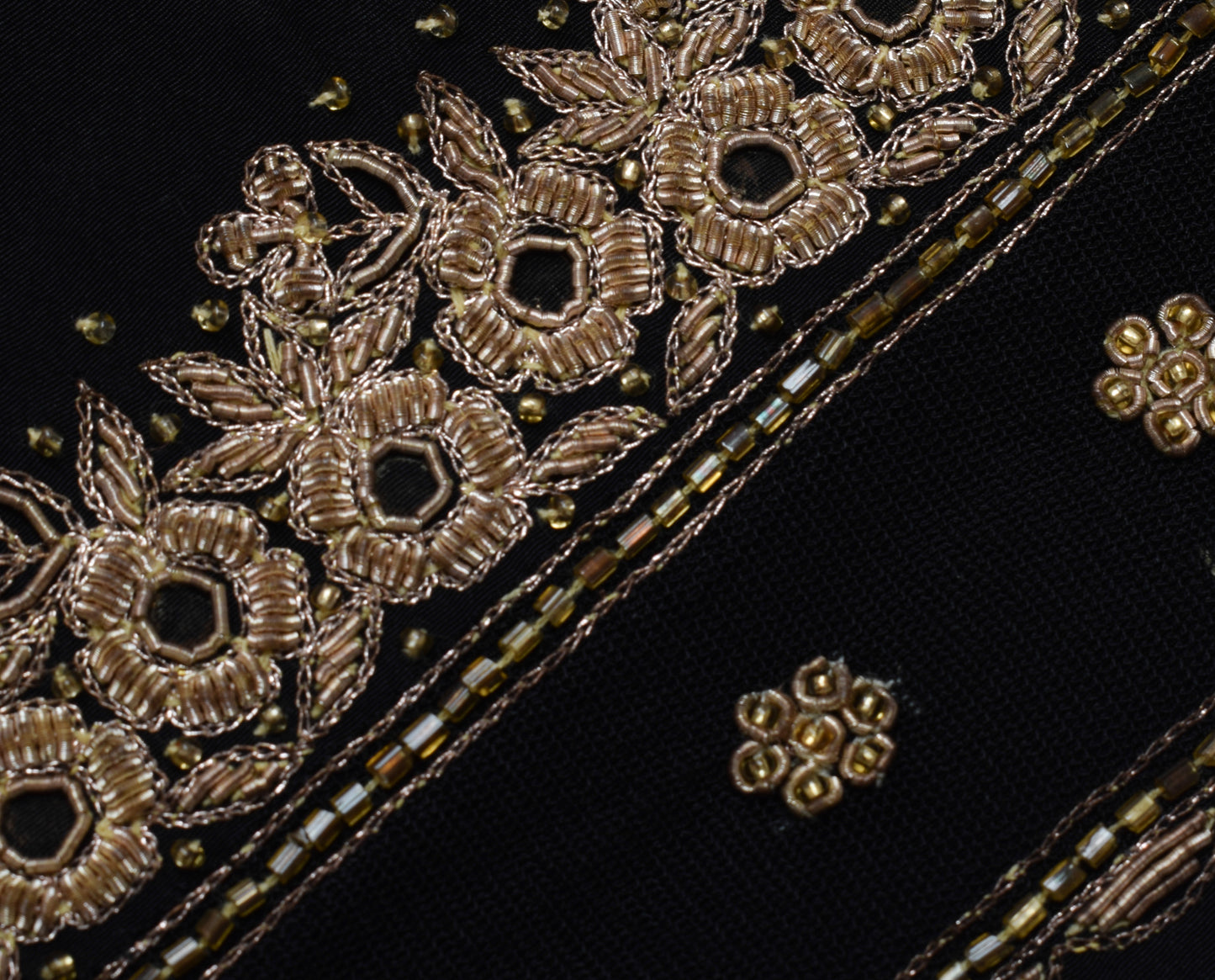 Sushila Vintage Black Saree Blend Crepe Silk Hand Beaded Zardozi Sari Fabric