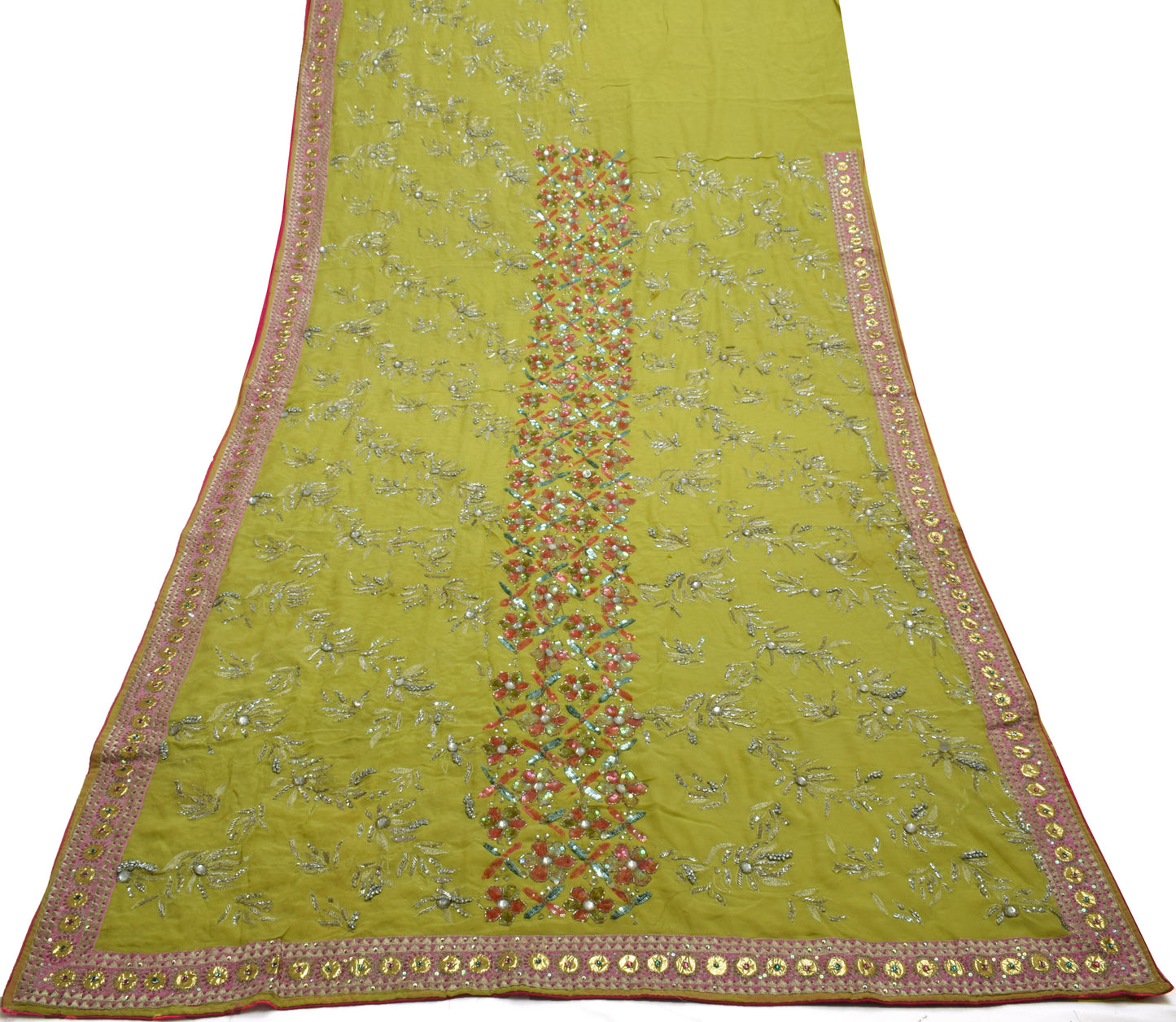 Sushila Vintage HEAVY Green Saree Pure Georgette Silk Hand Beaded Floral Sari Dress Fabric