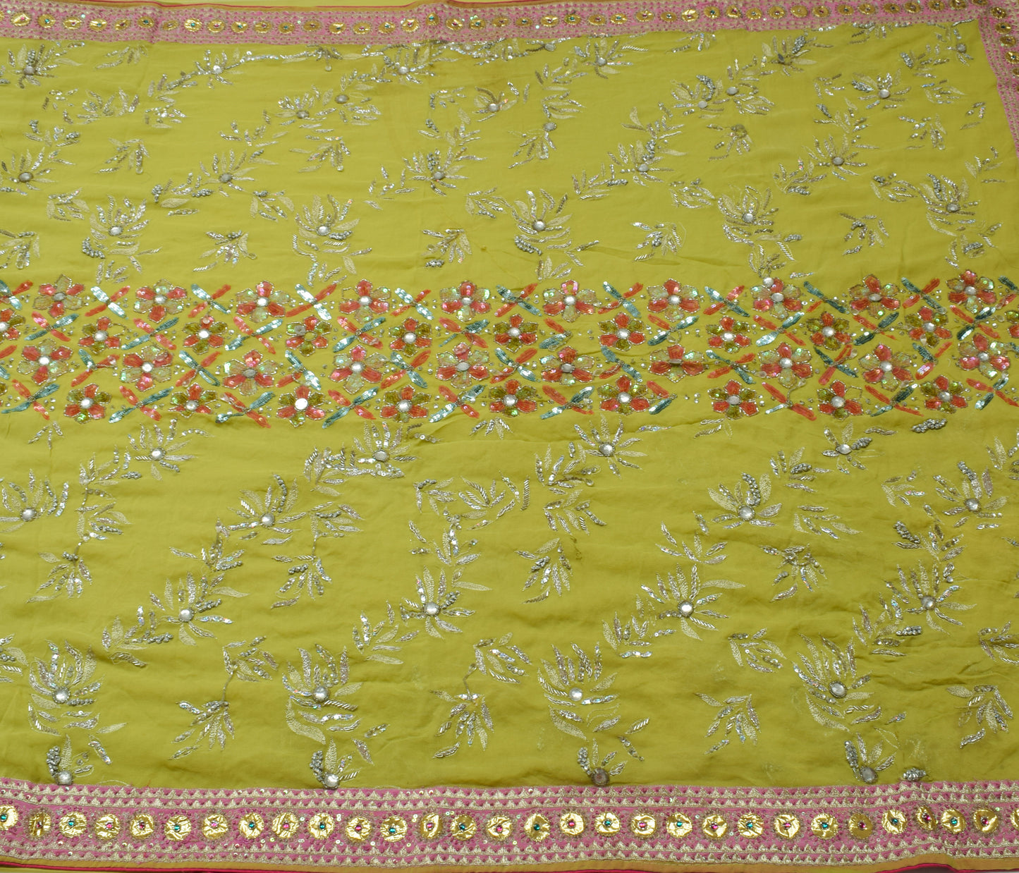 Sushila Vintage HEAVY Green Saree Pure Georgette Silk Hand Beaded Floral Sari Dress Fabric
