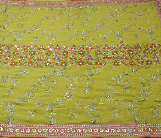 Sushila Vintage HEAVY Green Saree Pure Georgette Silk Hand Beaded Floral Sari Dress Fabric
