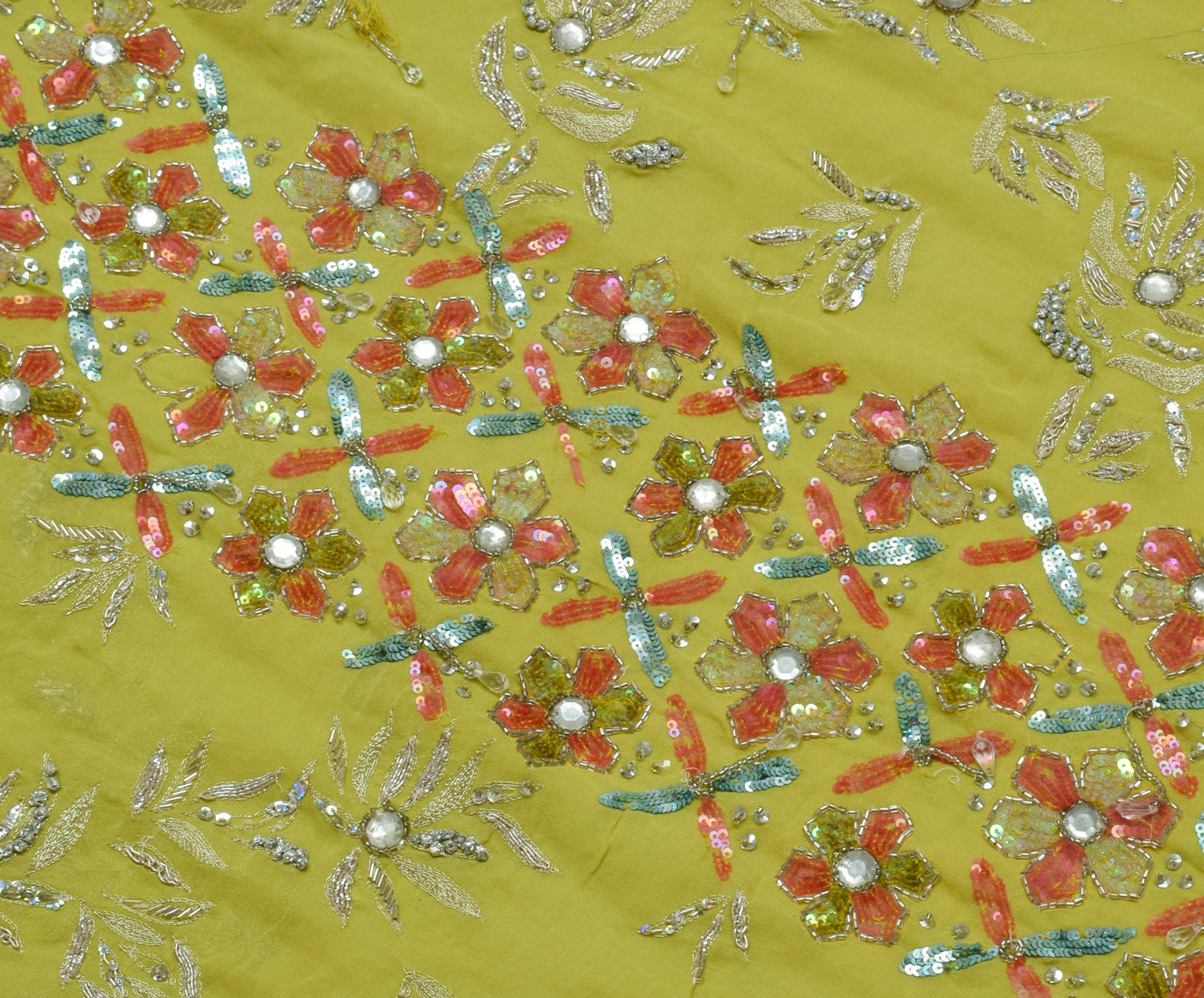 Sushila Vintage HEAVY Green Saree Pure Georgette Silk Hand Beaded Floral Sari Dress Fabric