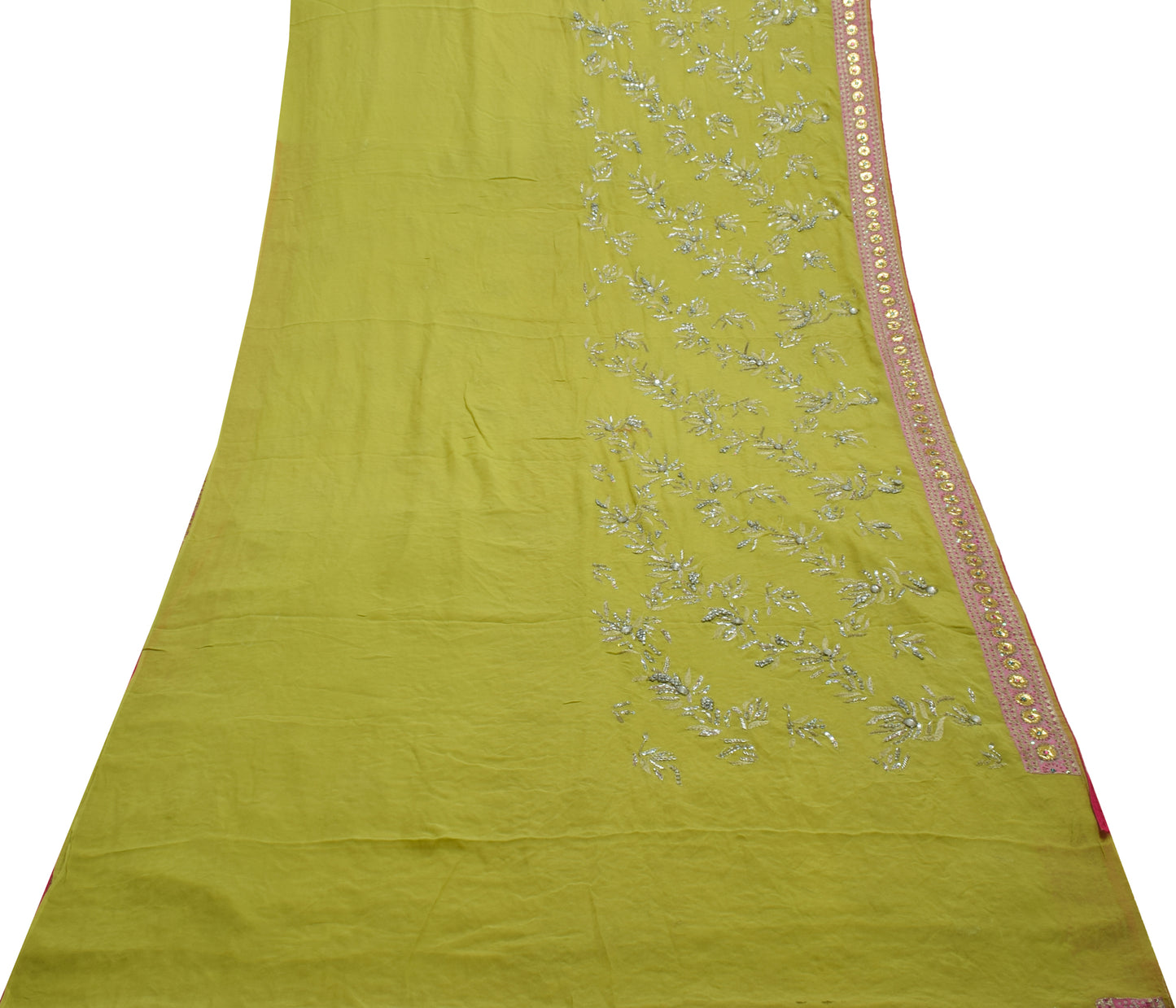 Sushila Vintage HEAVY Green Saree Pure Georgette Silk Hand Beaded Floral Sari Dress Fabric