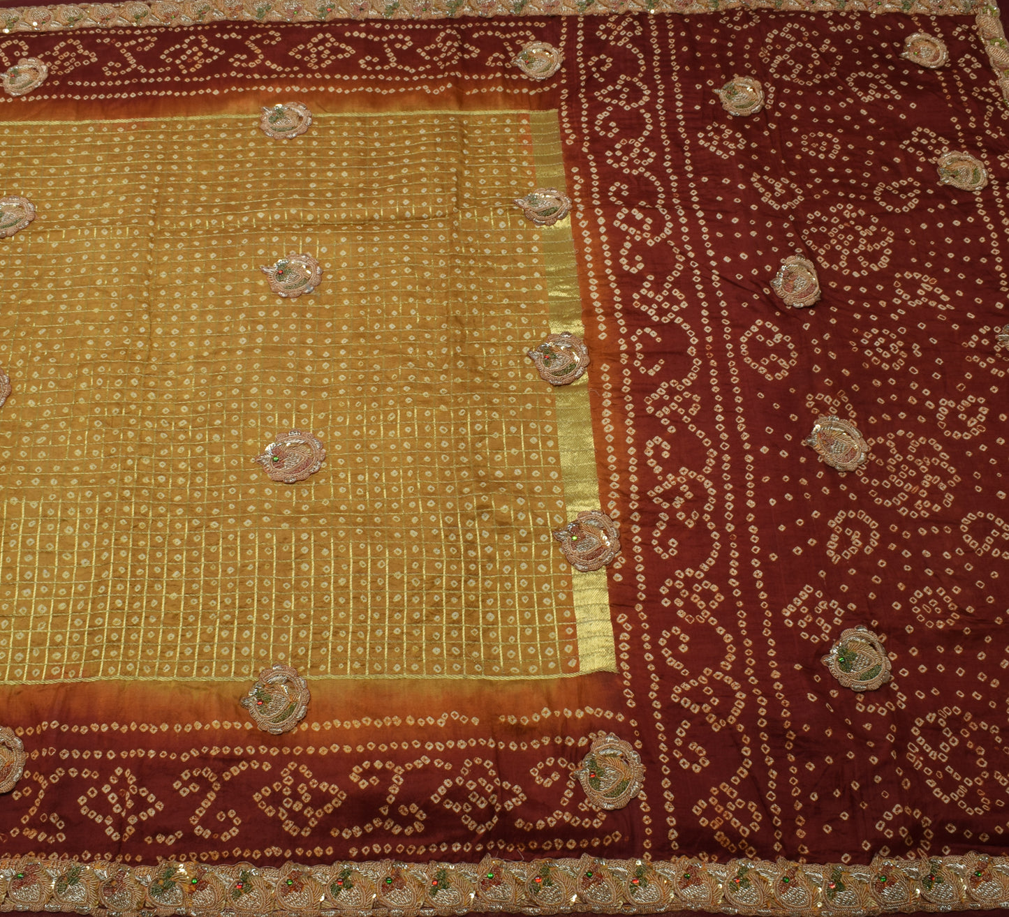 Sushila Vintage Green Saree 100% Pure Silk Bandhani Printed Sari Craft Fabric