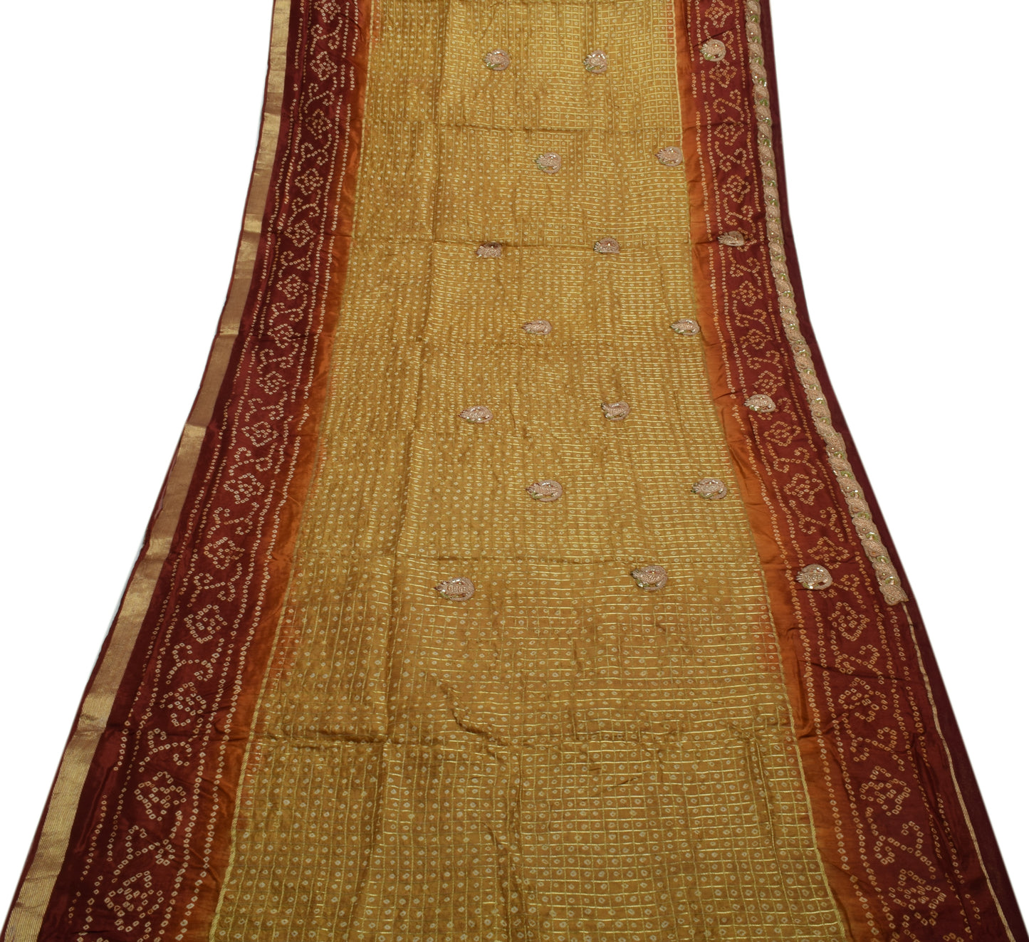Sushila Vintage Green Saree 100% Pure Silk Bandhani Printed Sari Craft Fabric
