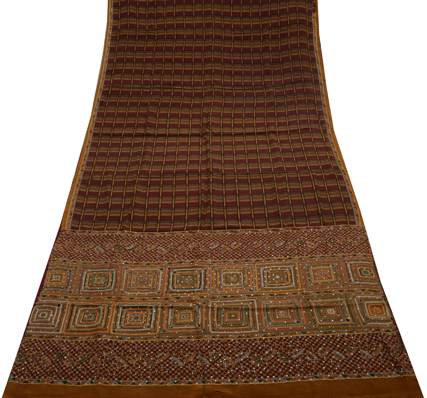 Sushila Vintage Brown Saree Pure Crepe Silk Hand Embroidered Kantha Sari Fabric