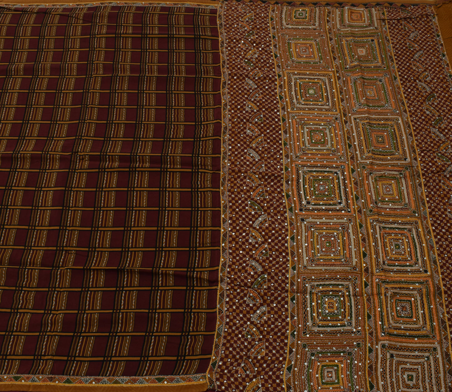 Sushila Vintage Brown Saree Pure Crepe Silk Hand Embroidered Kantha Sari Fabric
