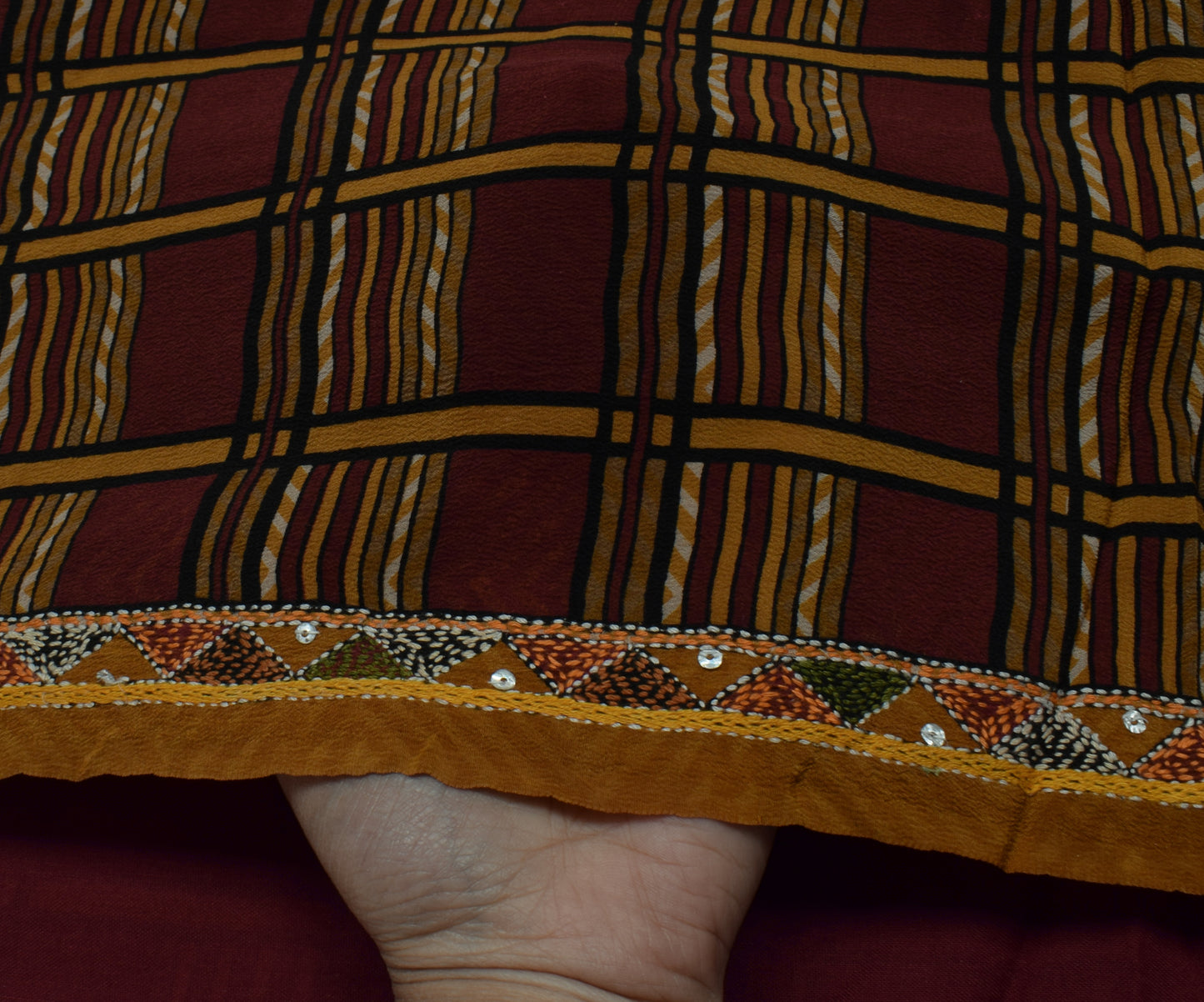 Sushila Vintage Brown Saree Pure Crepe Silk Hand Embroidered Kantha Sari Fabric