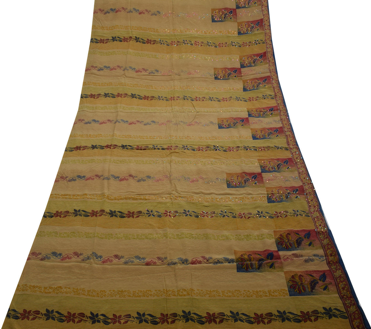 Sushila Vintage Indian Saree Pure Crepe Silk Hand Embroidered Kantha Sari Fabric