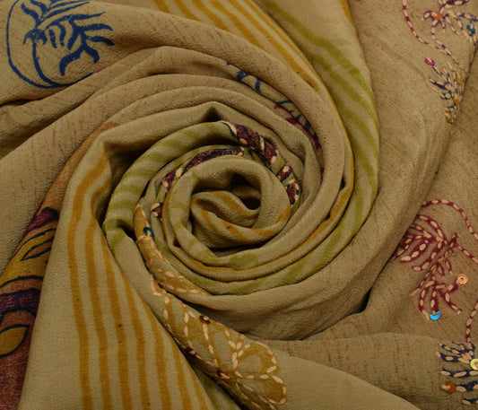 Sushila Vintage Indian Saree Pure Crepe Silk Hand Embroidered Kantha Sari Fabric