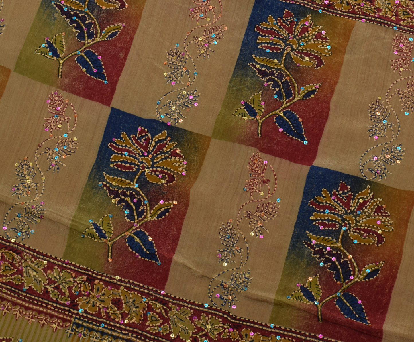 Sushila Vintage Indian Saree Pure Crepe Silk Hand Embroidered Kantha Sari Fabric
