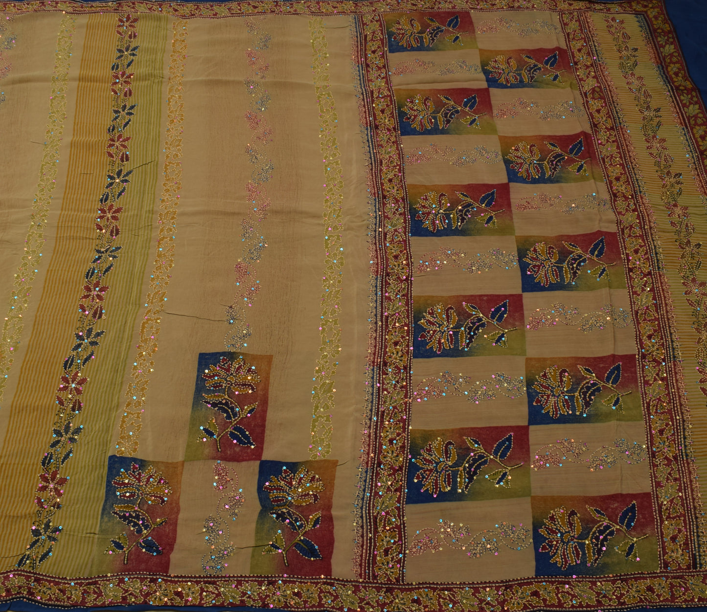 Sushila Vintage Indian Saree Pure Crepe Silk Hand Embroidered Kantha Sari Fabric