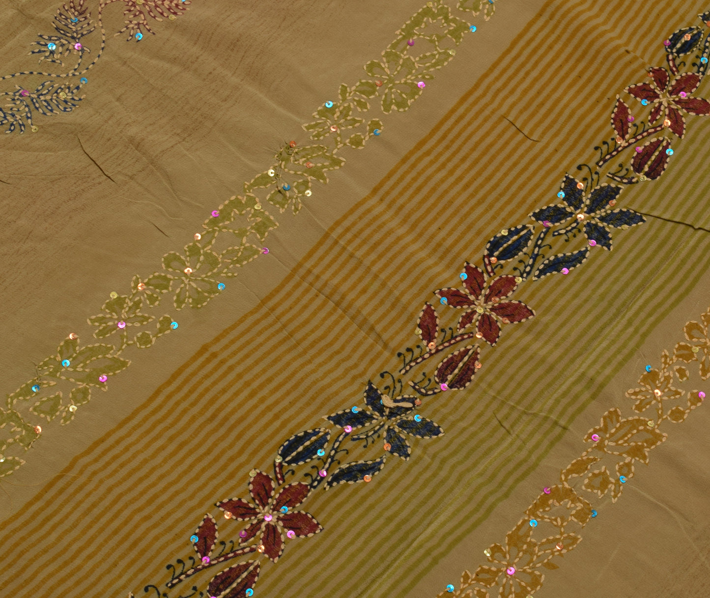 Sushila Vintage Indian Saree Pure Crepe Silk Hand Embroidered Kantha Sari Fabric