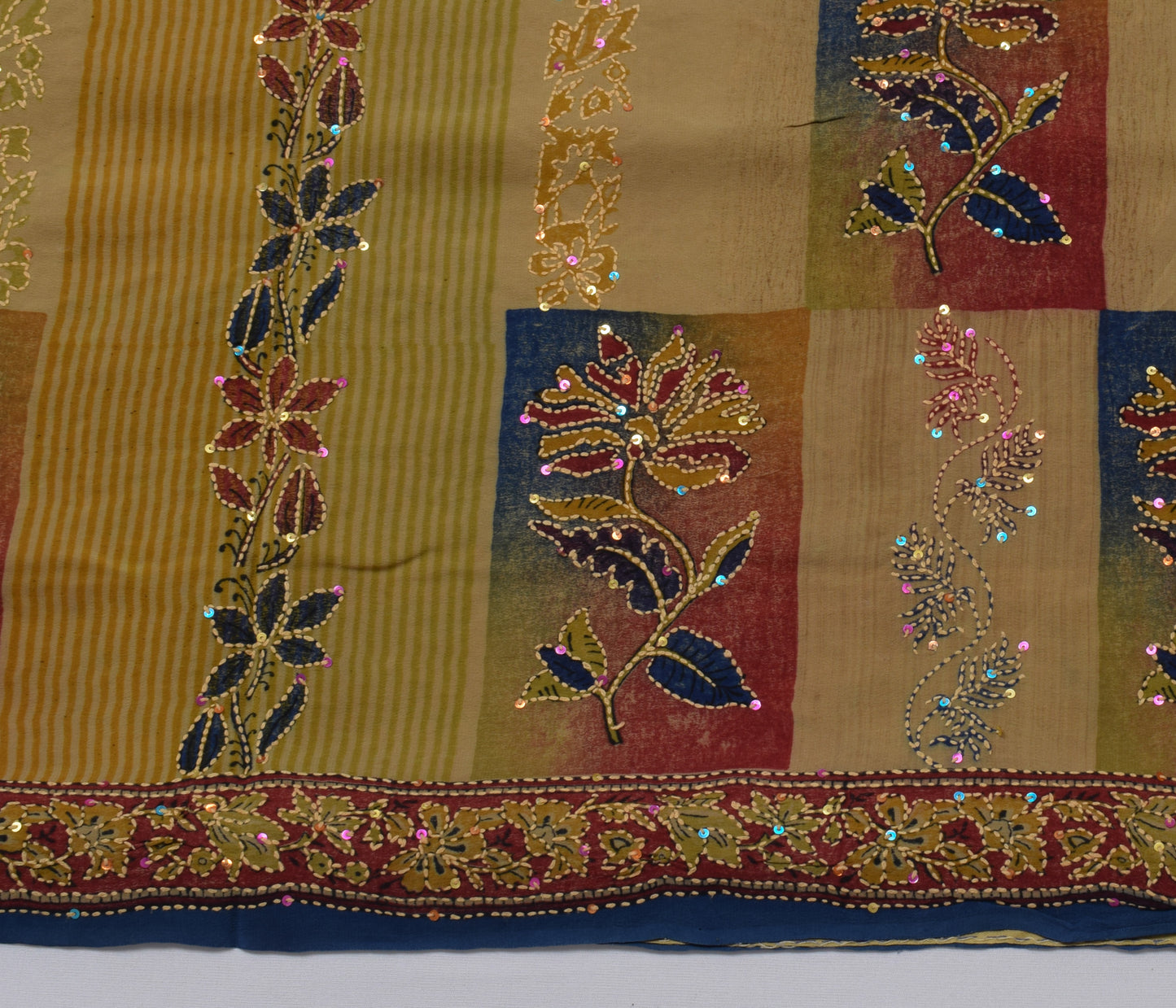 Sushila Vintage Indian Saree Pure Crepe Silk Hand Embroidered Kantha Sari Fabric