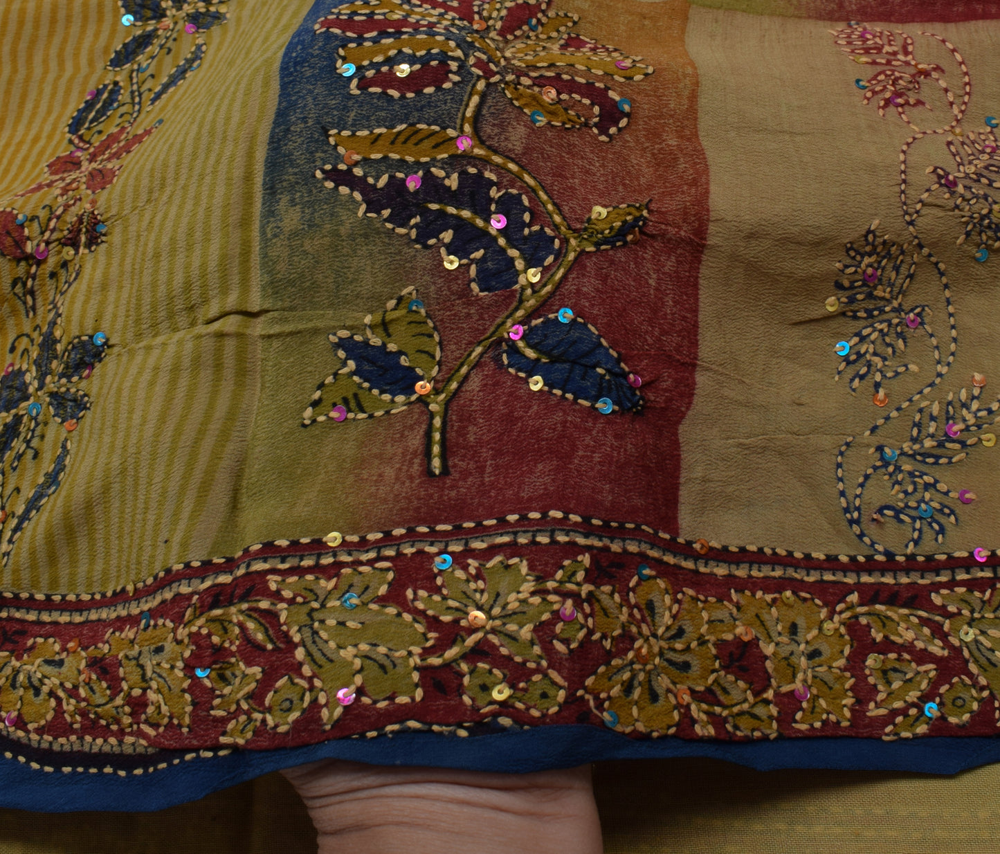 Sushila Vintage Indian Saree Pure Crepe Silk Hand Embroidered Kantha Sari Fabric
