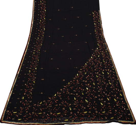 Sushila Vintage Black Saree Pure Georgette Silk Embroidered Floral Sari Fabric