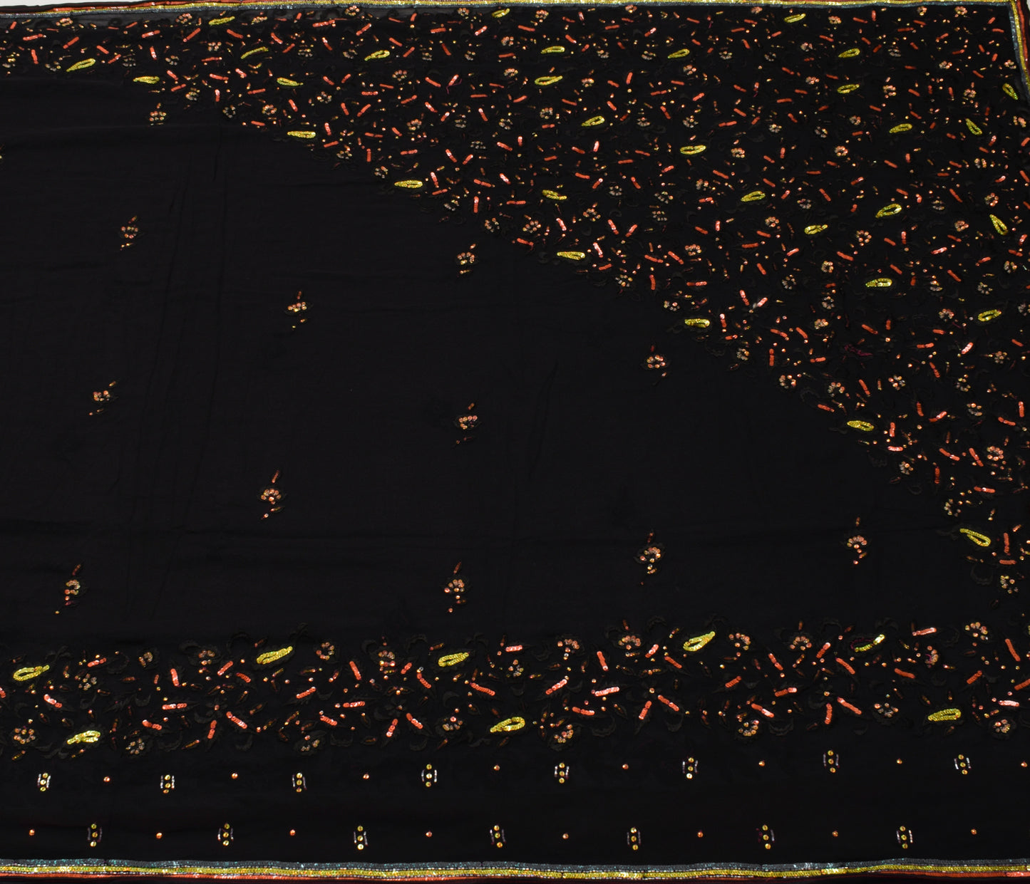 Sushila Vintage Black Saree Pure Georgette Silk Embroidered Floral Sari Fabric