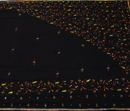 Sushila Vintage Black Saree Pure Georgette Silk Embroidered Floral Sari Fabric
