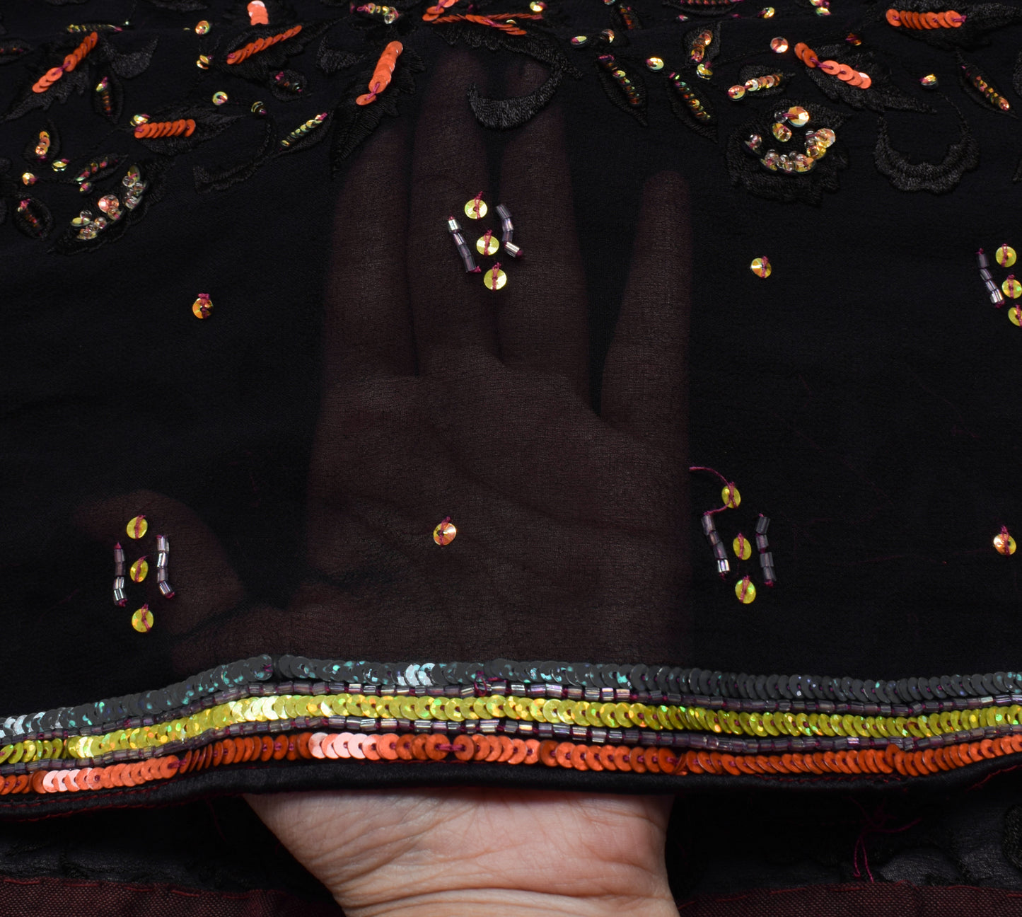 Sushila Vintage Black Saree Pure Georgette Silk Embroidered Floral Sari Fabric