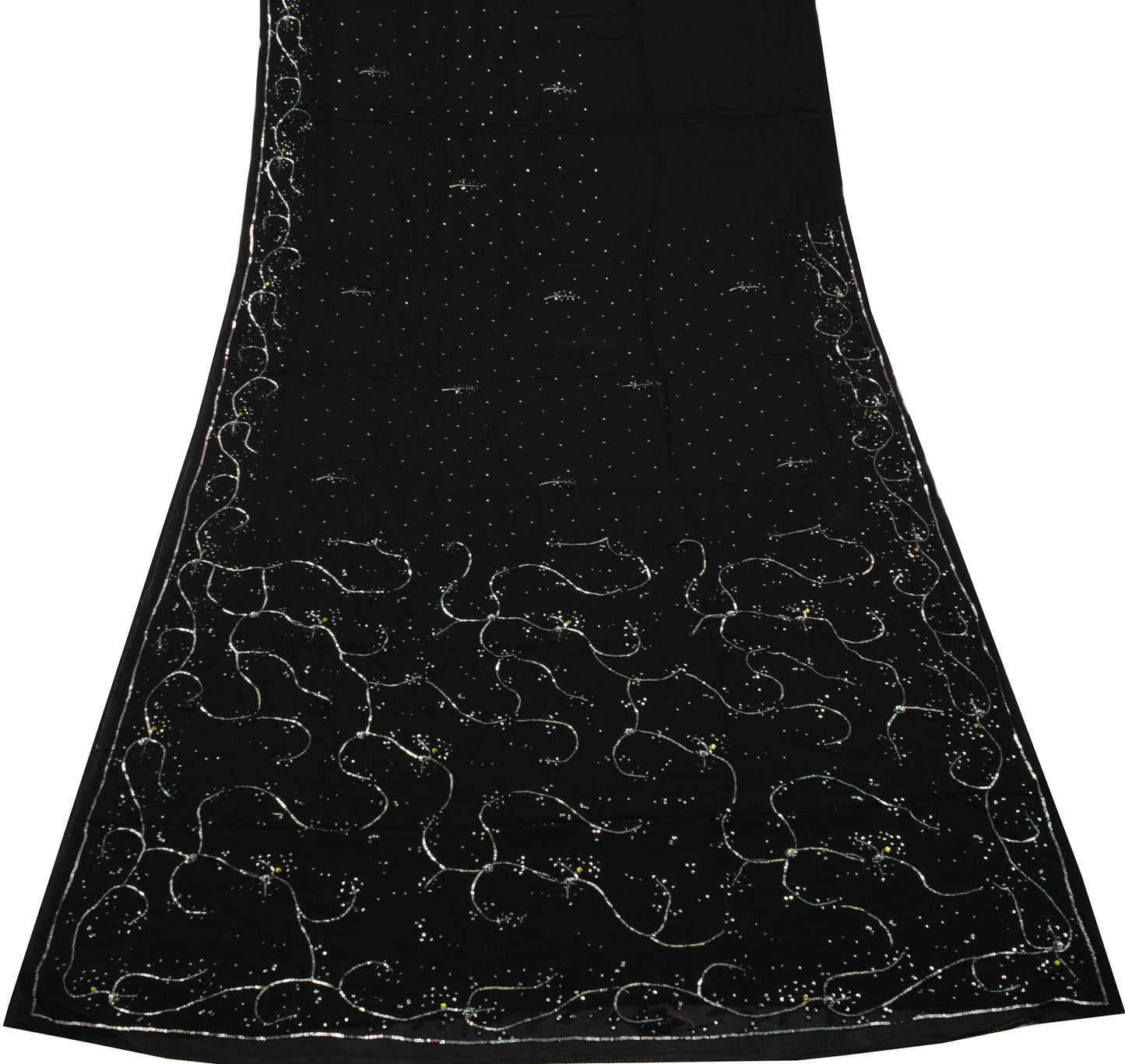 Sushila Vintage Black Saree Pure Georgette Silk Hand Embroidered Sari Fabric