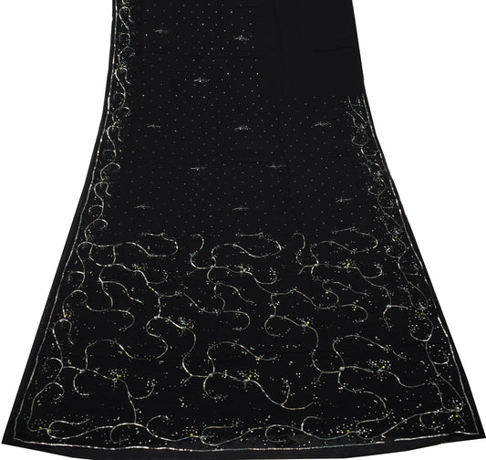 Sushila Vintage Black Saree Pure Georgette Silk Hand Embroidered Sari Fabric