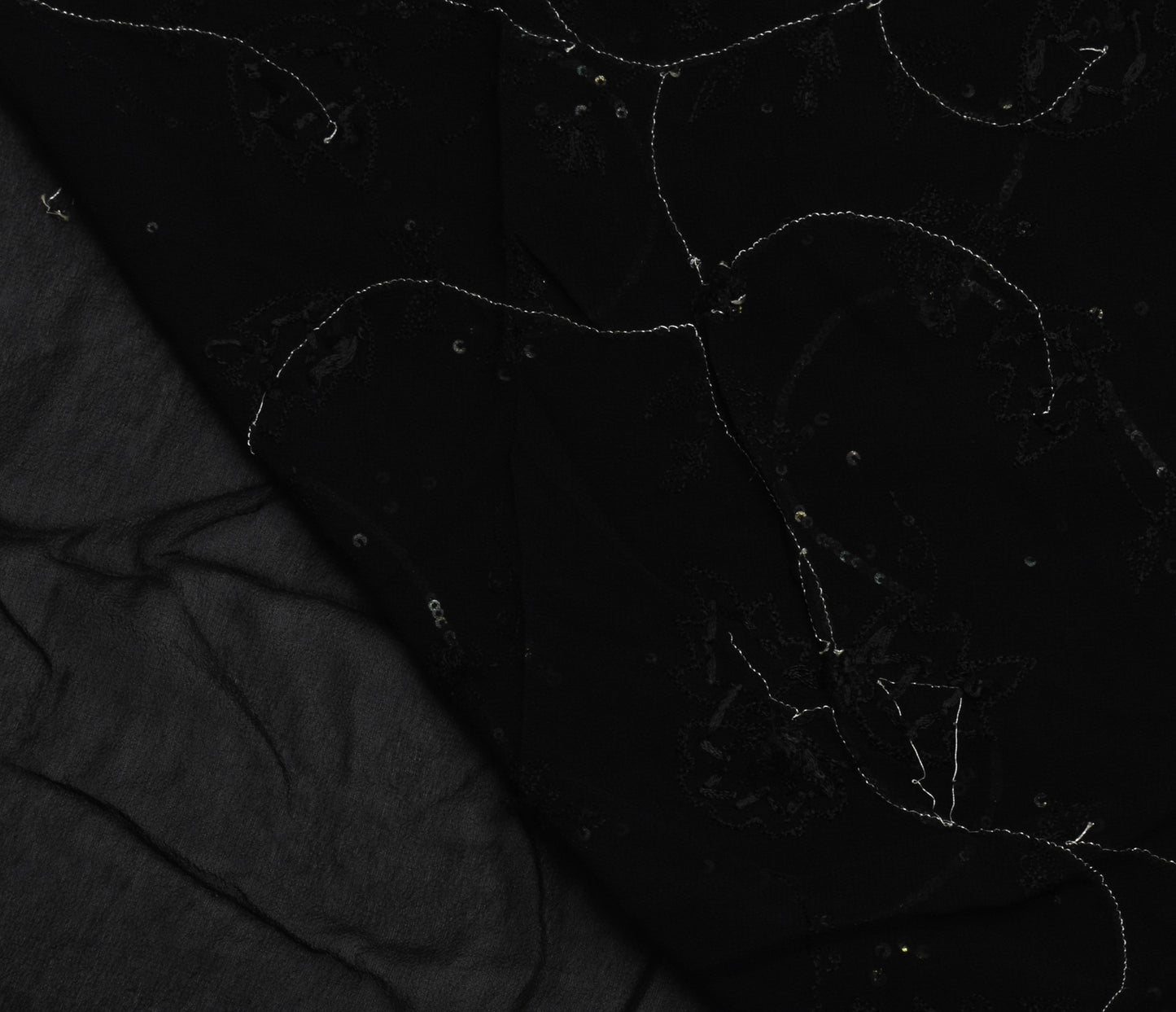 Sushila Vintage Black Saree Pure Georgette Silk Hand Embroidered Sari Fabric