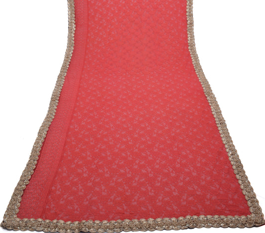 Sushila Vintage Dark Peach Saree Net Mesh Woven Floral Sari Craft 5 Yard Fabric