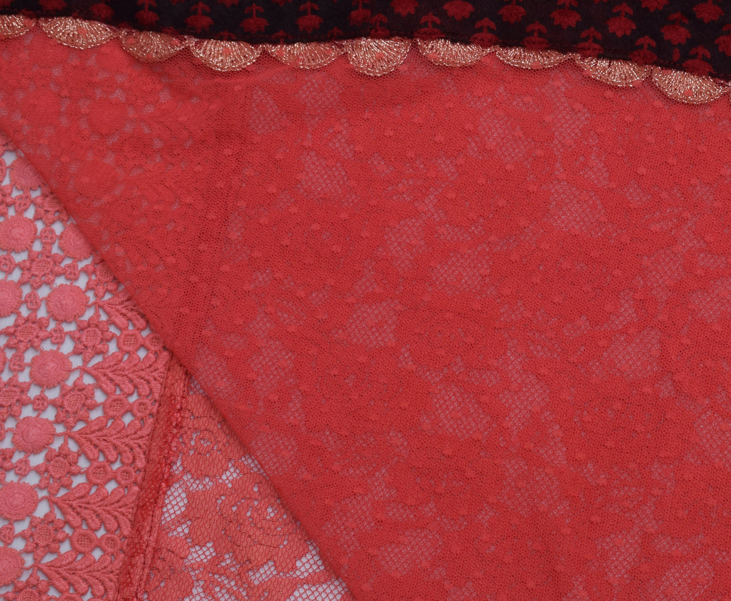 Sushila Vintage Dark Peach Saree Net Mesh Woven Floral Sari Craft 5 Yard Fabric