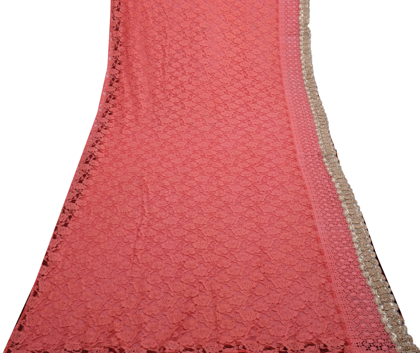 Sushila Vintage Dark Peach Saree Net Mesh Woven Floral Sari Craft 5 Yard Fabric