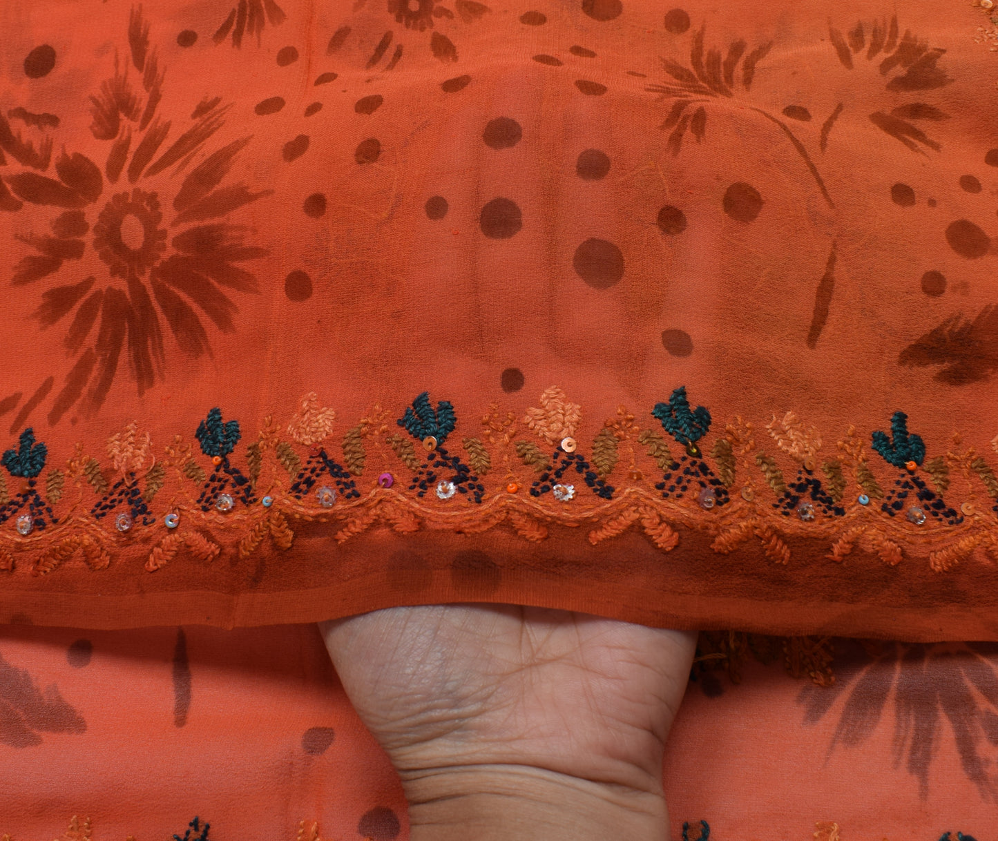 Sushila Vintage Indian Saree Pure Georgette Silk Hand Embroidered Sari Fabric