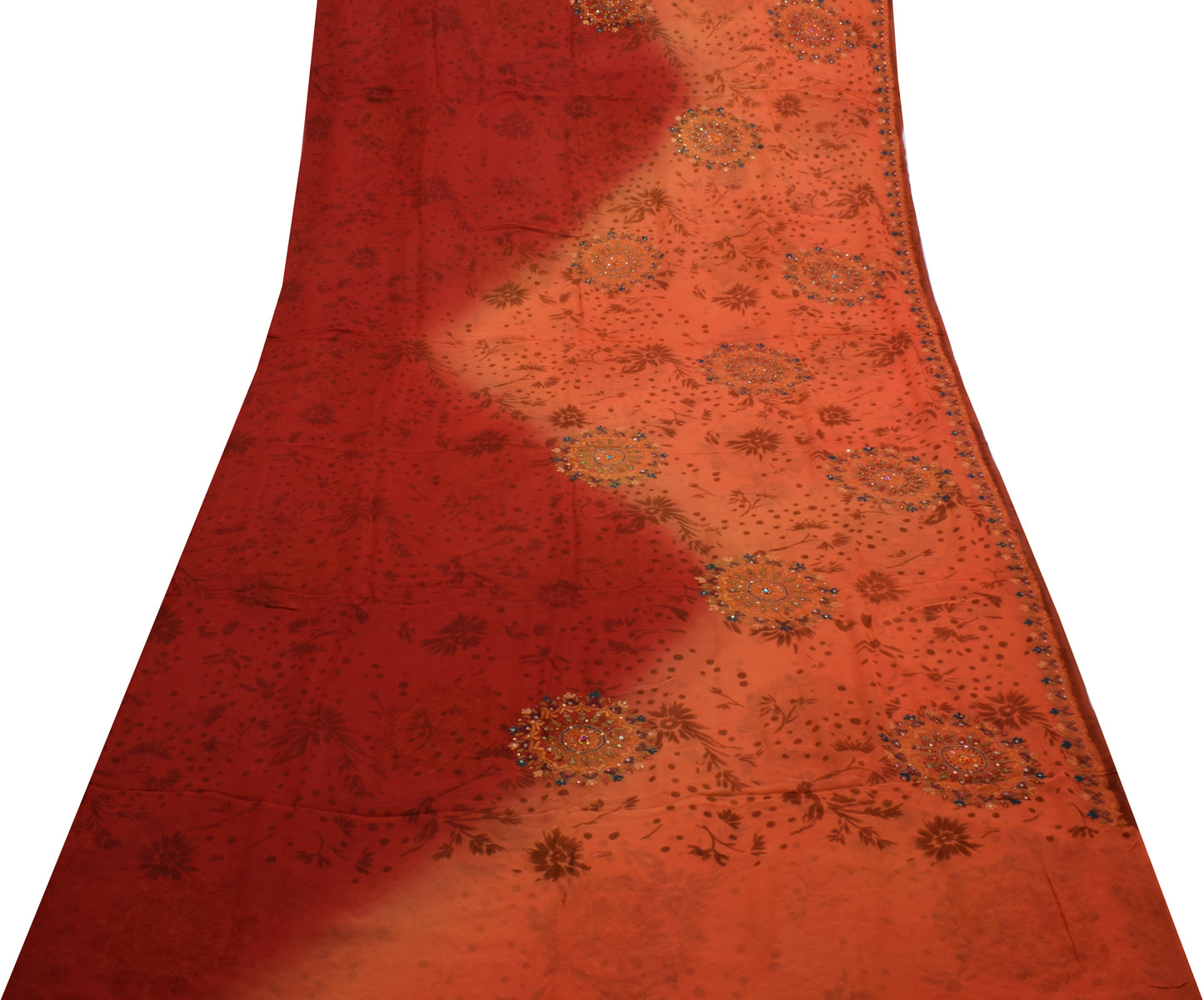 Sushila Vintage Indian Saree Pure Georgette Silk Hand Embroidered Sari Fabric