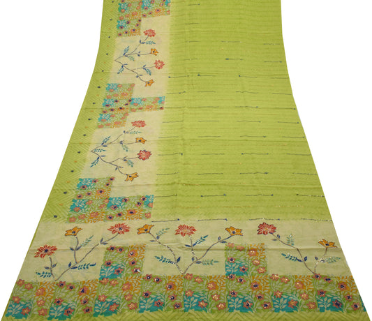 Sushila Vintage Green Saree Pure Crepe Silk Hand Beaded & Printed Sari Fabric