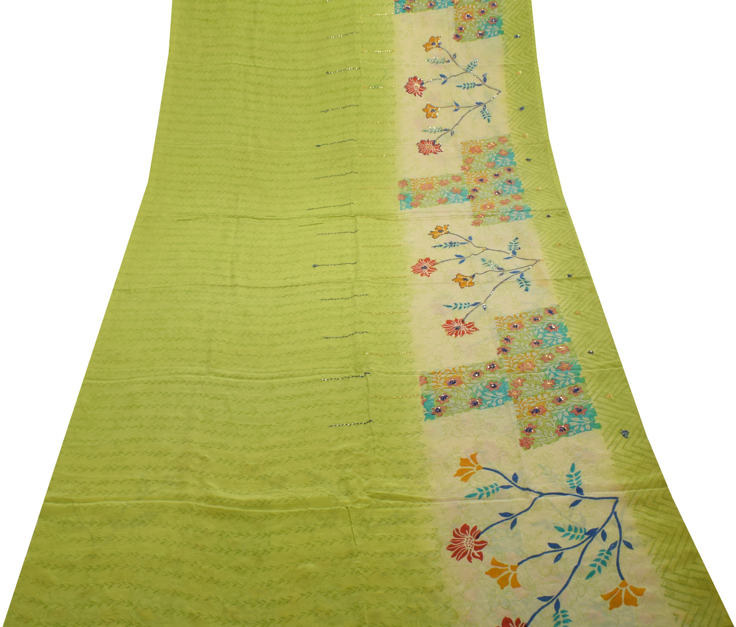 Sushila Vintage Green Saree Pure Crepe Silk Hand Beaded & Printed Sari Fabric
