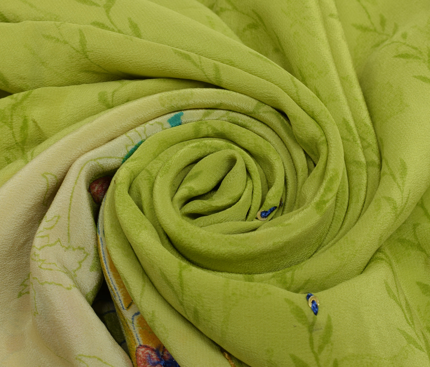 Sushila Vintage Green Saree Pure Crepe Silk Hand Beaded & Printed Sari Fabric