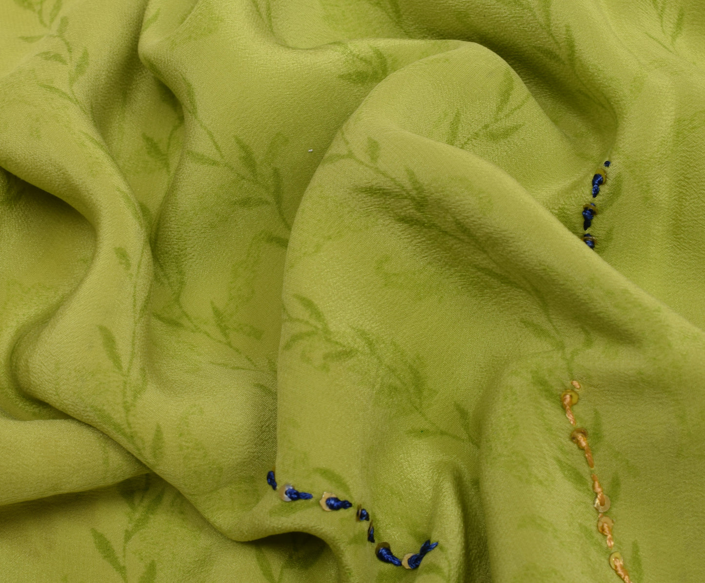 Sushila Vintage Green Saree Pure Crepe Silk Hand Beaded & Printed Sari Fabric
