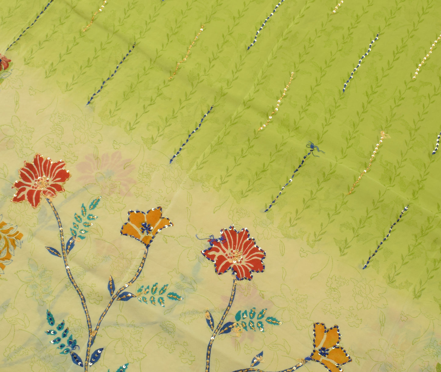 Sushila Vintage Green Saree Pure Crepe Silk Hand Beaded & Printed Sari Fabric