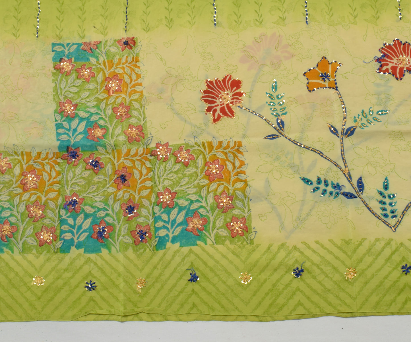 Sushila Vintage Green Saree Pure Crepe Silk Hand Beaded & Printed Sari Fabric
