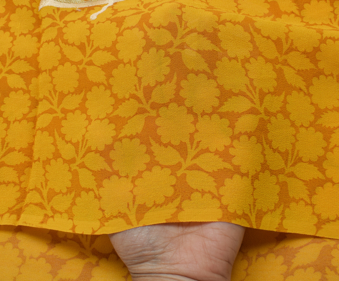 Sushila Vintage Mustard Saree Pure Georgette Printed & Embroidered Sari Fabric