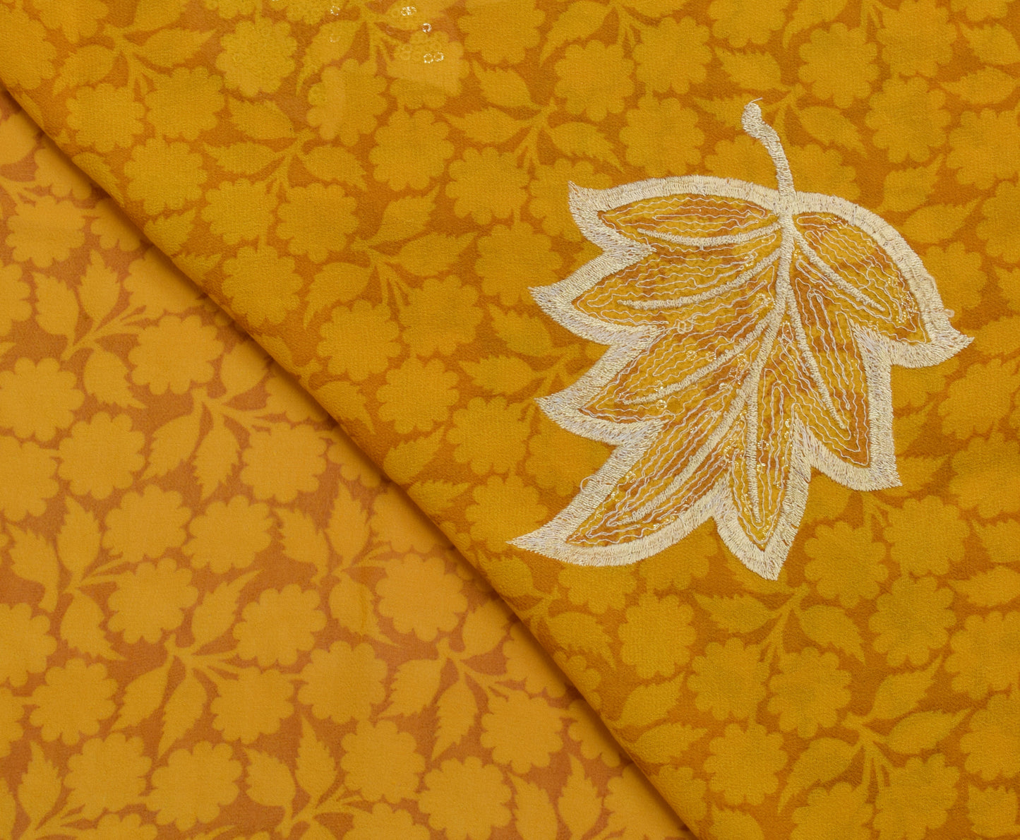 Sushila Vintage Mustard Saree Pure Georgette Printed & Embroidered Sari Fabric